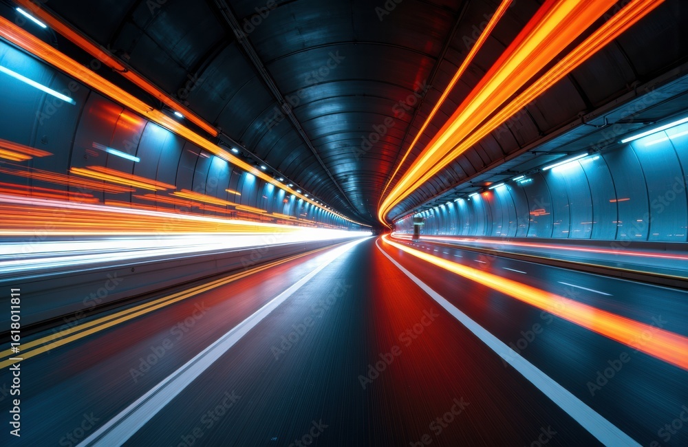 Poster a tunnel illuminated by vibrant neon lights with dynamic light trails creating a sense of motion