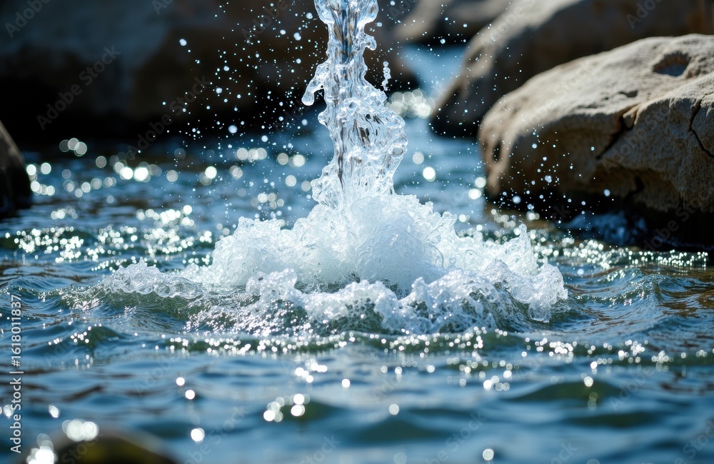 Poster splashing water in a river with rocks creating dynamic movement and natural scenery