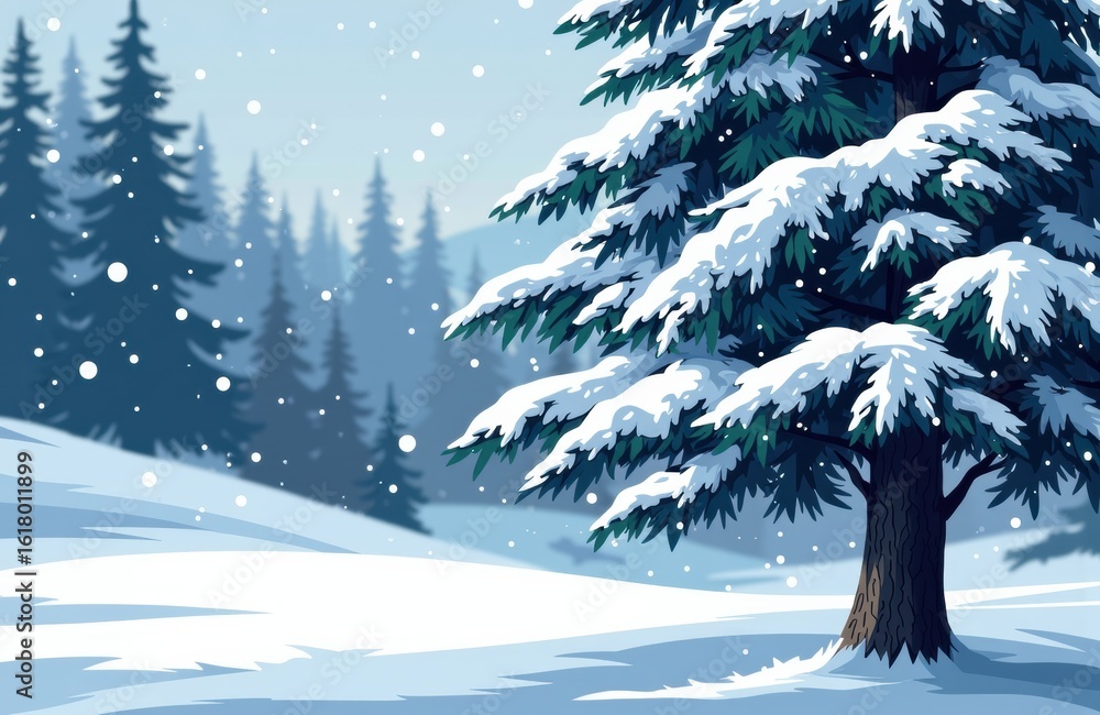 Poster snow-covered pine tree in a winter forest with falling snow and distant trees creating a peaceful se