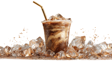 Iced coffee in a cup with straw surrounded by ice, refreshing beverage perfect for summer days.