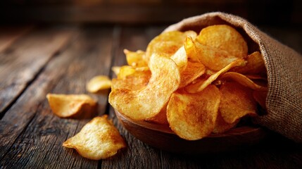 Kettle Chips. Crispy Baked Potato Chips in Country Style Bowl on Wooden Background