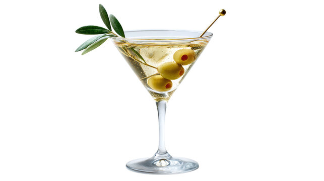 Martini cocktail with olives and a garnish on a white isolated background.