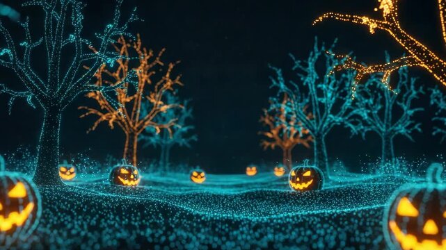 A mesmerizing digital landscape featuring glowing Halloween pumpkins scattered across a dark eerie forest with illuminated trees and a starry sky creating a spooky yet enchanting atmosphere