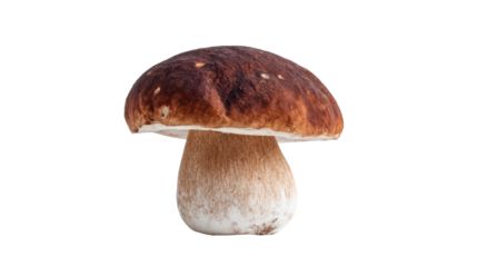 Mushroom with a brown cap and white stem on a white isolated background.