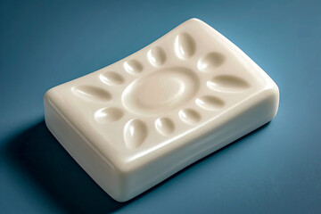 A smooth white soap bar with rounded edges placed on a solid blue surface. Clean, simple, and elegant—ideal for hygiene, skincare, or beauty-themed visuals.