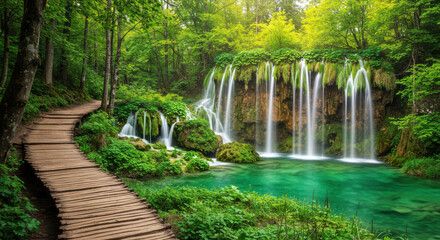 Serene wooden boardwalk meanders through lush green forest to cascading waterfall