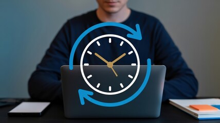 Maximizing Productivity and Profit: A person interacting with a laptop displaying a clock icon, illustrating efficient time management and financial growth strategies