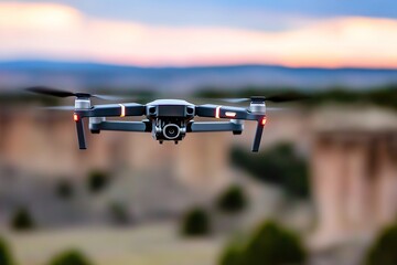 Close-up drone flying at twilight, LED lights on drone arms, High-tech aerial capture theme