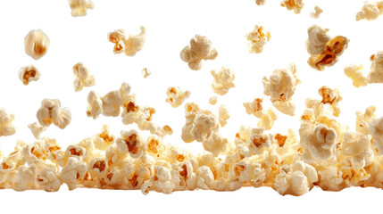 Popped popcorn kernels flying through the air, isolated on a black background.