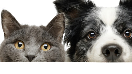 Playful cat and dog duo peeking over a surface, showcasing their curious expressions.