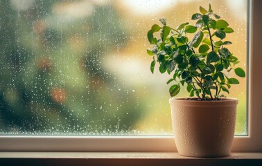 A potted plant stands on the windowsill, with green leaves and water droplets