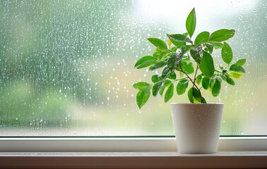 A potted plant stands on the windowsill, with green leaves and water droplets