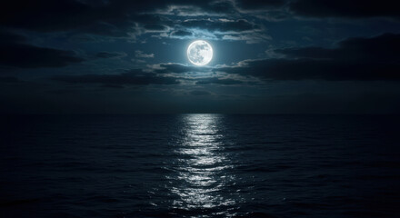 Full moon shines brightly over calm ocean waters reflecting moonlight