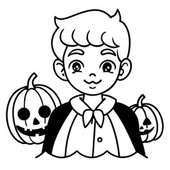 line art coloring page of halloween pumpkin and boy