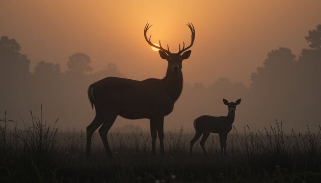 Deer and Fawn silhouettes in a foggy sunrise scene