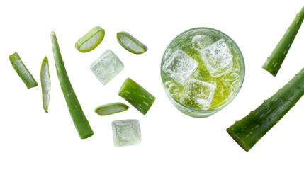 Refreshing aloe vera drink with ice cubes and fresh aloe leaves, isolated on white background.