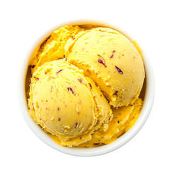 Delicious yellow ice cream with visible chunks of fruit and nuts in a white bowl isolated on transparent background