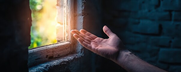 A hand reaches out towards a sunlit window, symbolizing hope and connection with the outside world in a darkened environment.
