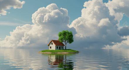 Serene island home nestled amidst majestic cumulus clouds and calm waters