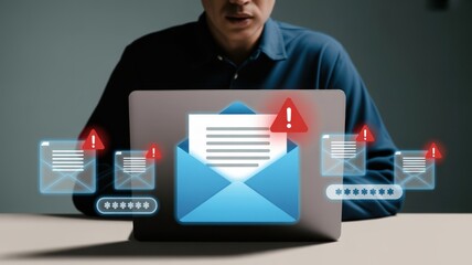 Enhancing Email Security: A person interacting with a laptop displaying prominent email icons with exclamation marks, illustrating critical alerts and robust digital communication protection