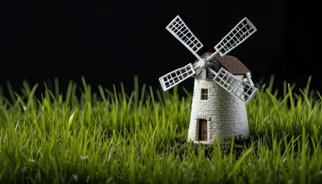 A little white windmill set against a black backdrop amid green grass - Powered by Adobe