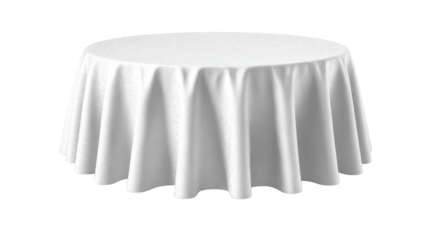 Round white table with a clean, smooth tablecloth, perfect for dining setups and elegant events.