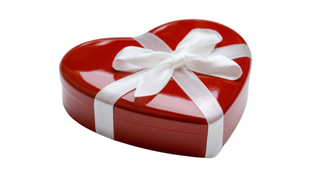 Romantic red heart-shaped gift box with white ribbon, perfect for special occasions.