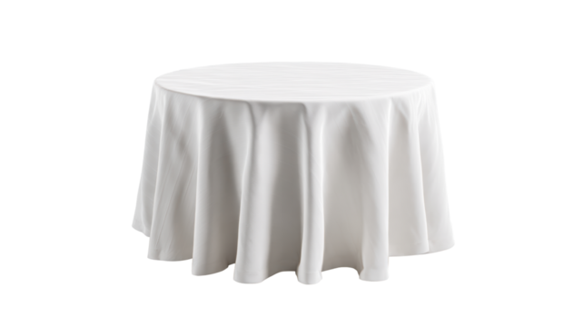 Round white table with draped cloth on a white isolated background.