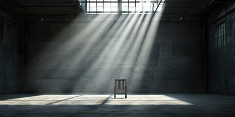 A solitary chair sits in an empty, dimly lit room, with beams of light illuminating the space, creating a dramatic and contemplative atmosphere.