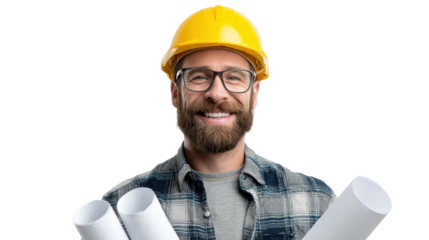 Smiling construction worker with blueprints, wearing glasses and hard hat, isolated on white background.