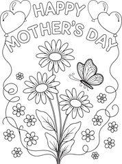 Happy Mothers Day greeting with flowers balloons and butterfly outline greeting card drawing