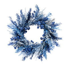 Beautiful blue winter wreath with frosted branches and berries isolated on transparent background