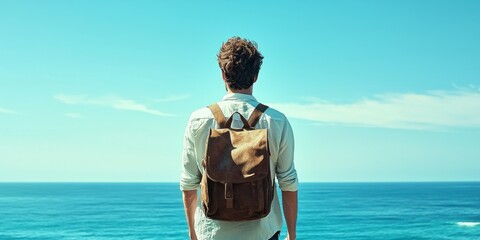 A person stands by the seaside, gazing at the vast ocean under a clear blue sky, embodying a sense of adventure and tranquility.