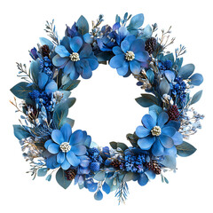 Beautiful blue floral wreath with delicate petals and green leaves isolated on transparent background