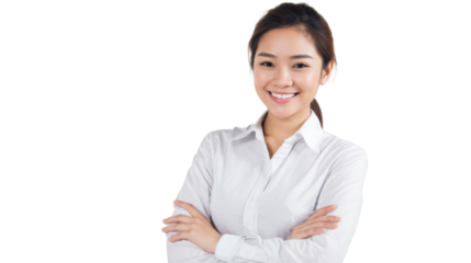 Smiling woman in a white shirt, arms crossed, positive attitude, isolated on a white background.