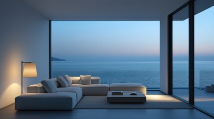 A serene modern living room with a panoramic ocean view, featuring minimalist furniture and soft lighting, creating a tranquil atmosphere.