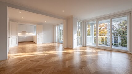 Obraz premium Ultra quality image of heller Raum in Altbauwohnung mit Balkon und Parkett.