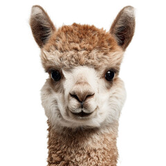 Obraz premium A close-up of a friendly young alpaca with a warm expression and soft, fluffy fur against a solid background.