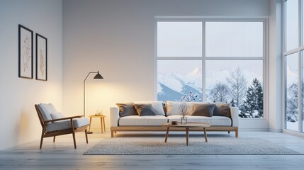 A modern living room with large windows showcasing snowy mountains, featuring minimalist furniture and a cozy atmosphere.