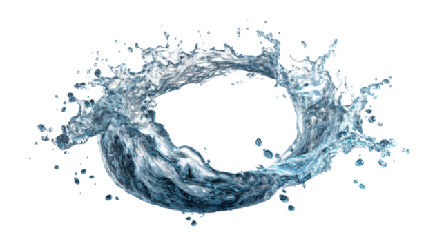 Splashing water in a circular shape, translucent elements on a black background, ideal for design.