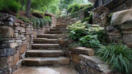 Landscaping Retaining Wall. Natural Stone Staircase in Luxurious Garden Pathway