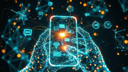 A futuristic digital representation of hands interacting with a glowing smartphone surrounded by vibrant communication icons and network connections symbolizing technology and connectivity - Powered by Adobe