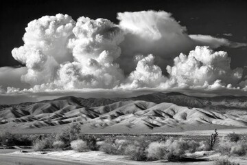 Dramatic black and white landscape of a desert vista, with massive storm clouds over the mountains