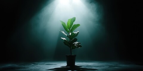 A single plant in a pot is illuminated by soft, dramatic lighting against a dark background, creating a serene and atmospheric effect.