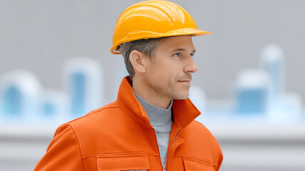 Confident construction worker in an orange jacket and hard hat, ready for a project, showcasing professionalism and focus.
