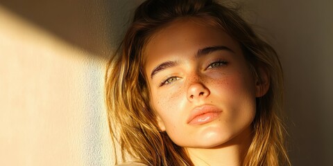 A close-up portrait of a young woman with natural beauty, showcasing her freckles and glowing skin, illuminated by soft light.