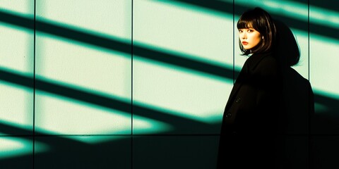 A stylish individual stands against a wall, illuminated by striking shadows and light patterns, creating a dramatic visual effect.