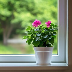 Potted plant on the windowsill, pink flower in a white pot
