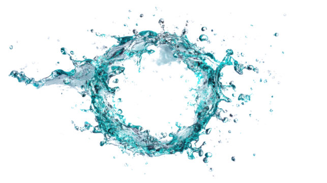 Water splash in a circular shape with droplets flying, isolated on a white background.
