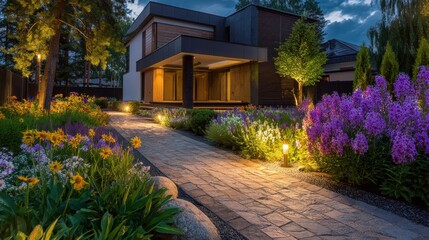 Obraz premium Ultra quality image of modern gardening landscaping design details. Illuminated pathway in front of residential house. Landscape garden with ambient lighting system installation.